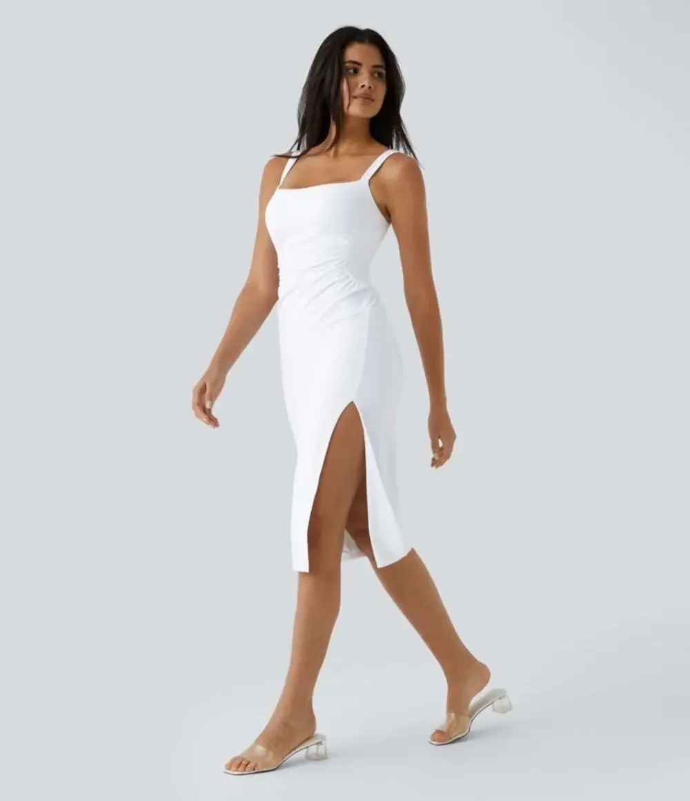 Halara Square Neck Ruched Split Midi Cool Touch Dress in White Size Large - Picture 1 of 16